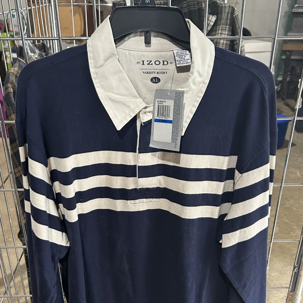 NWT Izod Navy with white stripes varsity long-sleeved rugby